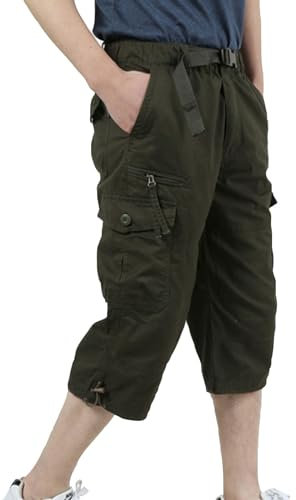 BUKKNYE Men's 3/4 Length Shorts Cotton Casual Capri Cargo Shorts Cropped Trousers with Multi Pockets(Green,4XL)