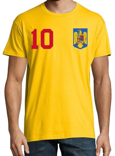 Rumänien Herren T-Shirt Romania Trikot Personalisiert mit eigenem Namen + Nummer - Gelb L