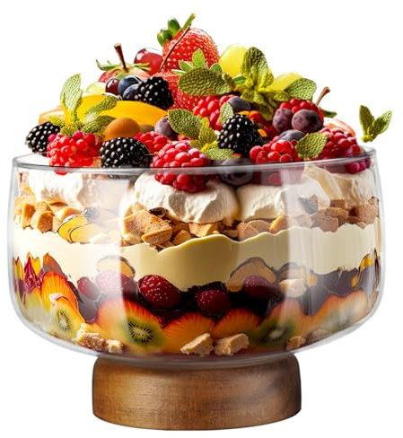 NiHome 123oz/3.6L Large Glass Trifle Bowl with Elegant Acacia Wood Stand, Versatile Serving Dish for Cakes, Salads, Desserts, Stylish Display for Parties, Weddings, Special Occasions
