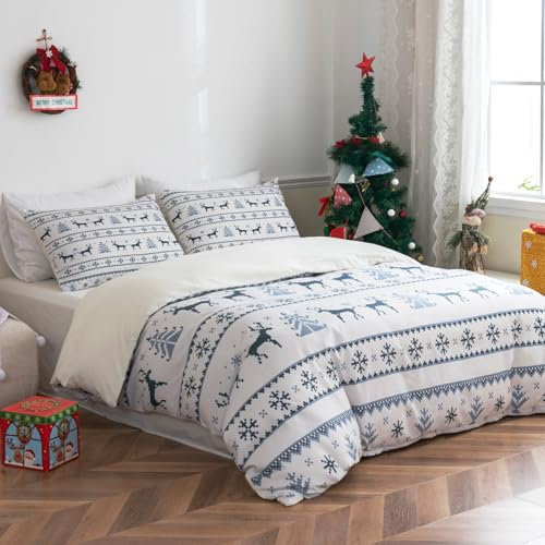 Tokokimo Weihnachts Bettwäsche 200x200 - Zarte und lustige Elch und Schneeflocke Cartoon Muster - 3teilig Bettwäsche Set mit Kopfkissenbezug mit Reißverschluss 80x80cm*2, Blau