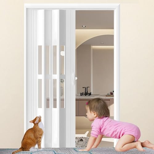 Sliding Concertina Door Sliding Door Kit, Internal Folding Doors with Hardware Door Knob, Aluminum & Acrylic Foldable Divider Gate for Small Spaces(White,90x96in(228.6x243.8cm))