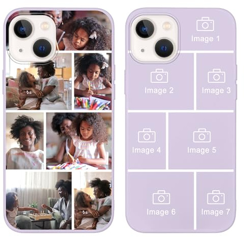 Yoedge Personalised Phone Case for iPhone 13 Mini 5.4 inch, Custom Photo Design Flexible Soft Silicone Customized Rubber Shockproof Cover, Personalize with 7 Image Collage for Girls, Grass Purple