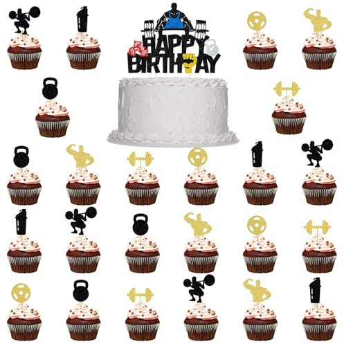 25 Stück Fitness Kuchen Dekorationen, Glitzer Cupcake Topper, Gym Kuchendeko, Sport Cake Topper, Hantel Wasserbecher Powerlifter für Geburtstagsfeiern Mit Fitness Thema