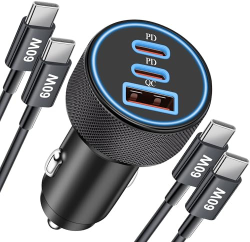 67W 3-Port Chargeur Voiture Allume Cigare USB C et 2-Pack 1M USB C Câble pour iPhone 16 16e 15 Pro Max, iPad, Samsung Galaxy S25 S24 S23 S22 Ultra, Pixel, Prise Rapide Chargeur PD/QC 12V Adaptateur
