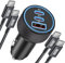 67W 3-Port USB C Car Charger for iPhone 16 16e 15 Pro Max, Samsung Galaxy S25 Ultra S24 S23, Pixel, Android, 2Pack USBC Cable + Dual USB-C/A Fast Charging Car Adapter Cigarette Lighter 12V Socket