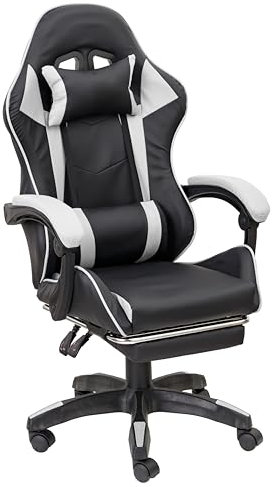 Baroni Home Sedia Gaming con Schienale Ergonomico Inclinabile e Altezza Regolabile, Sedia Ufficio con Supporto Lombare, Poggiatesta Imbottito e Poggiapiedi Estraibile, Bianco, 58x66x114-124 cm