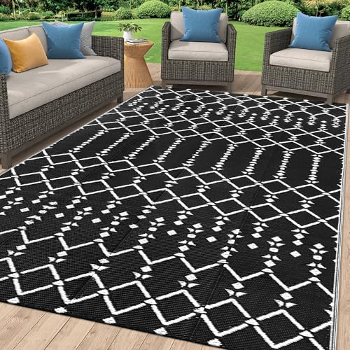 Smiry Outdoor-Teppich, 1,5 x 2,4 m, wasserdicht, wendbar, Kunststoff, Strohteppich, Boho-Teppich, Außenbodenmatte für Terrasse, Hinterhof, Deck, Picknick, Strand, Camping, Schwarz