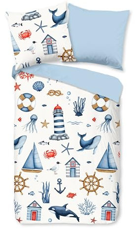 Good Morning Kinder Bettwäsche 135x200 Ahoy Maritim Leuchtturm hellblau 33087