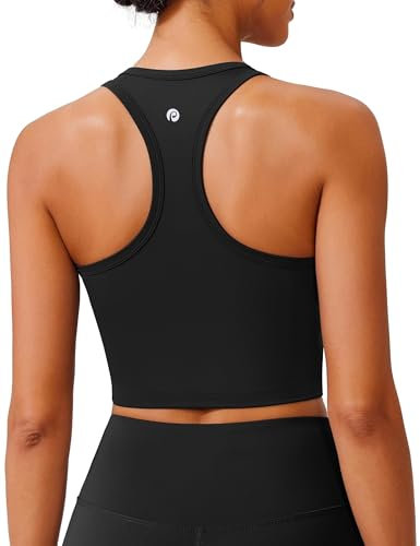 PINSPARK Sport BH Damen ohne Bügel Gepolstert Bustier mit Abnehmbaren Cups Racerback Push Up Sport Bra Atmungsaktiv Bralette Nahtlose Crop Tops Joggen Yoga Fitness Schwarz XS