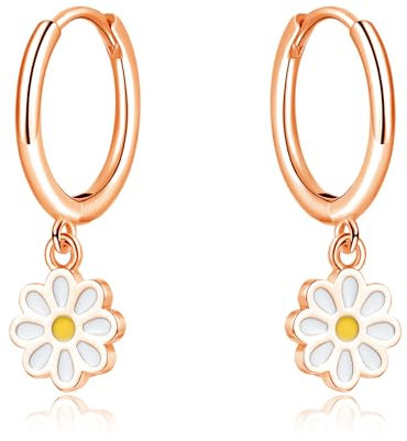 Loutade Silver Hoop Earrings for Women Girls, Sterling Silver Drop Hoop Earrings with Sunflower Dangle, Hypoallergenic Rose Gold Little Flower Daisy Hoop Earrings Dangling Jewelry Gift for Birthday