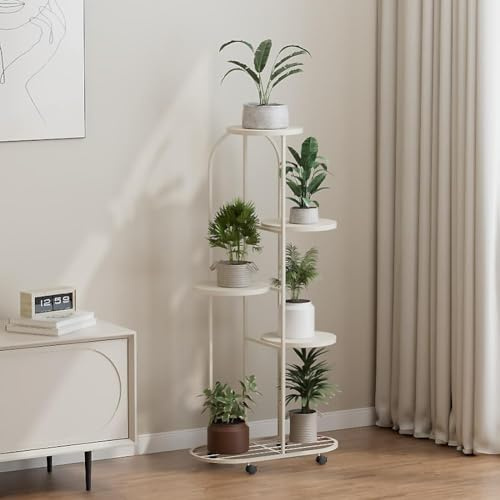 Zstar 5 Etagen Pflanzenständer Blumenständer Metall Pflanzentreppe Ecke Blumenregal Pflanzenregal Indoor Outdoor Mehrere Blumentreppe mit Rädern für Balkon Garten Wohnzimmer, white