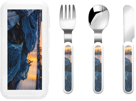 Fishing Net print Utensils,Fork Knife and Spoon Set,Ideal for School Lunch, Travel and Outdoors Activities
