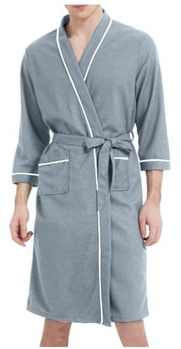 WAZHAKU Men's Lightweight Cotton Dressing Gown Long Sleeves Travel Bathrobe Kimono Sauna Gown Man Leisure Loungewear with Pockets and Belt House Coat Long Dressing Gown Bathrobe, X Grey, XL