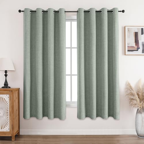 CUCRAF Vorhang 100% Blickdicht Leinen Gardinen mit Ösen Verdunklungsvorhänge Gardinen Graugrün H175 x B140 cm 2er Set, Thermovorhang Kälteschutz Schallschutz Vorhang für Wohnzimmer Schlafzimmer