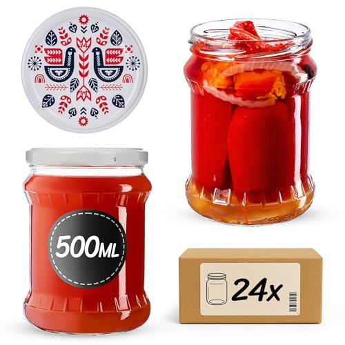 KADAX 24er Set Einmachgläser 500ml TO82 Folklore I, Sturzgläser Mason Jar mit Schraubdeckel, Luftdichte Twist-off Gläser, Meal Prep, Overnight Oats, Sauerteig
