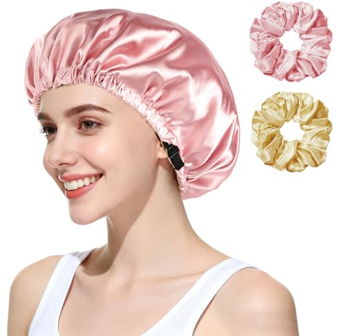 AOGOE Cuffia Seta Capelli Notte, 3PC Berretto di Seta Doppio Strato, Cuffia Seta Capelli Ricci con 2 Fascia Regolabile, Berretto da Notte Raso per Capelli Ricci e Lunghi Donna Ragazza