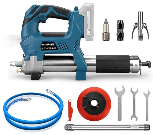 Pressa per grasso a batteria, compatibile con batteria Makita da 18 V, pressa elettrica con funzione dosatrice incl. tubo ad alta pressione da 100 cm, 3 bocchini, motore senza spazzole e lampada a LED
