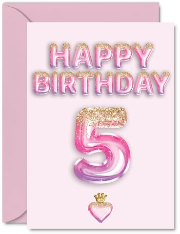 5th Birthday Cards for Girls and Boys, Pink & Purple Glitter Balloons | Happy Birthday Card for 5 Year Old Boy Girl Son Grandson Niece Brother, A5 Bday Greeting Cards