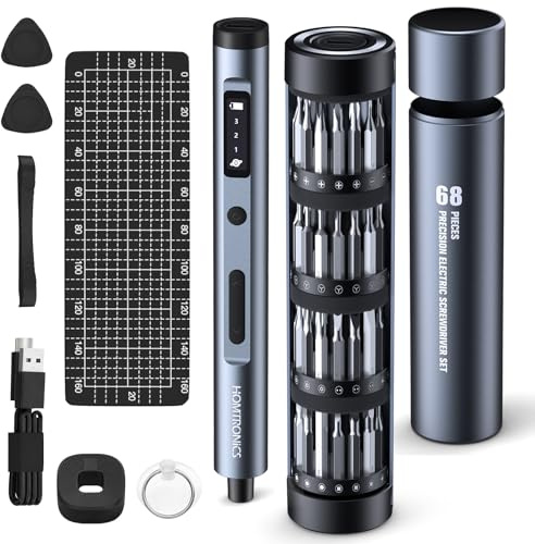 Homtronics Mini Elektro Schraubendreher, [68 in 1], Präzisions Elektrischer Schraubendreher-Set Magnetische mit S2-Bits, Drehregal, 3 Drehmomente, LED Licht für Reparatur für Telefon, Laptop, Brille