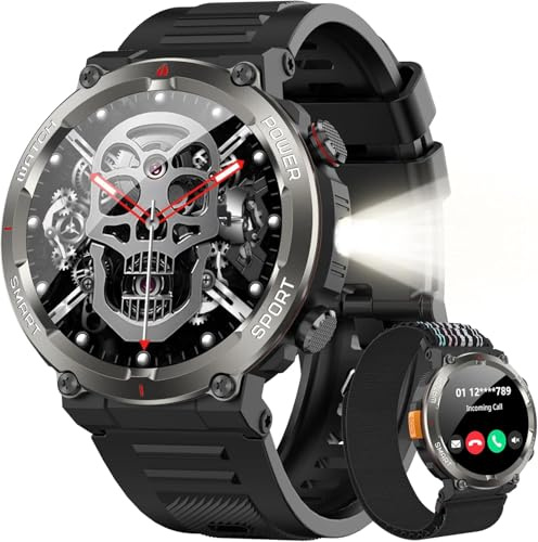 Yxtel Smartwatch Herren, 100 Tage Standby-Leistung, LED-Taschenlampe & Kompass, 100+ Sportmodi, 1,45-Zoll-Touchscreen, Bluetooth-Anrufe, Herzfrequenz & Schlafüberwachung, SP02, Für Android/iOS
