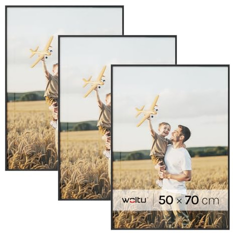 WOLTU Bilderrahmen 50x70 cm, 3 Set, Fotorahmen Schwarz, Aluminium, mit Passepartout, zum vertikalen oder horizontalen Aufhängen/Aufstellen, für Fotos, Bilder