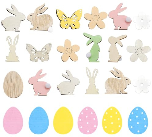 Whimzey Groß Osterdeko Holz Streudeko Ostern Konfetti 1,9-3,7 cm,60 Stück Streudeko Holz Ostern,Oster Tischdeko mit Hasen Eier Blumen Schmetterling,Bunt Holzhasen Ostereier Frühling Oster Deko Basteln