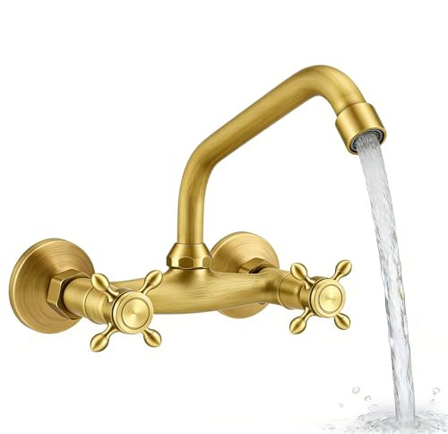 Rubinetto Bagno Lavabo a Muro in Ottone Anticato, Miscelatore Vintage per Cucina con 2 Tubi Flessibili, Girevole 360° con Doppia Manopola, Bocca 25 cm