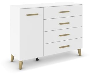 Rauch Möbel ADITIO, Kommode, Farbe Weiß, Breite 120 cm | Sideboard im Skandi-Design, 1-türig, 4 Schubladen, Soft-Close, Massivholz Griffe und Füße für Schlafzimmer, Wohnzimmer, Flur