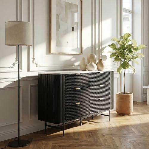 [en.casa] Kommode Olvehok Schubladenschrank 120 x 40 x 81 cm Sideboard Wohnzimmerschrank 6 Schubladen Aufbewahrungsschrank Metallgestell Schwarz/Marmoroptik, weiß