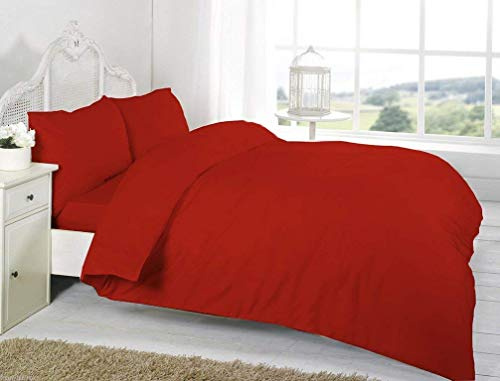 R&Z Plain Dyed Percale Polycotton Duvet Cover & 2 Pillow Cases Bed Set (Red, King)