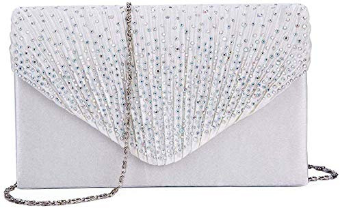 SteelFever Women Diamante Envelope Clutch Bag Evening Handbag Purse Wedding, Bridal, Prom, Party Shoulder Bag (Silver)