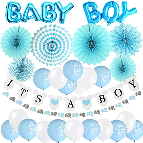 ZERODECO Junge Baby Dusche Dekoration, Blau It's A Boy Girlande Baby Boy Folie Ballons Aufhängen Fächer Elefant Girlande Banner und Luftballons für Baby Shower Babydusche