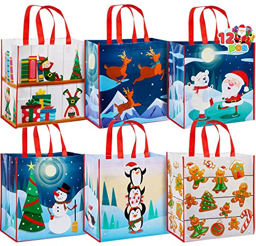 JOYIN Lot de 12 Grands Sacs Fourre-tout Réutilisables, avec poignées, non tissé, environ 35 x 35,6 cm, pour les vacances, Sacs de Courses de Noël