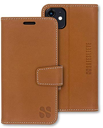 SafeSleeve Schutzhülle aus Leder für iPhone 11, EMF-Blocker für Handy, mit 3 Kartenfächern und verstellbarem Ständer, Magnetverschluss, magnetischer Folio-Schutz für den täglichen Gebrauch (Leder)