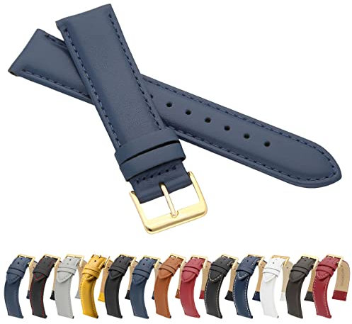 MARCHEL Glattleder 14 mm Blau LLB-130 Gold Lederarmband Echtleder Uhrenarmband Uhrband Rindsleder Feines Leder Uhr Band