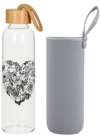 Glasflasche 1 Liter Bamboo Trinkflasche Borosilikatglas mit Neoprentasche zum Mitnehmen von kalt & heiß Getränken BPA-frei für unterwegs Sportflasche Glas Wasserflasche (Flower)