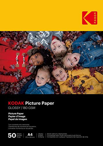 KODAK Picture Paper - Papier Photo Brillant, Pack de 50 Feuilles, Format A4 (21x29,7cm), 180g/m², Idéal pour Impressions Jet d'Encre, Couleurs Éclatantes et Contraste Élevé, Finition Haute Qualité