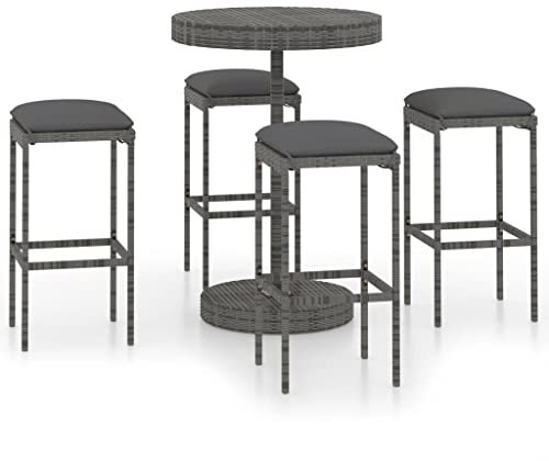 vidaXL Gartenbar Set 5-TLG. mit Kissen Theke Bar Tresen Gartentheke Barhocker Stehtisch Bartisch Barstuhl Gartenmöbel Gartenset Poly Rattan Grau