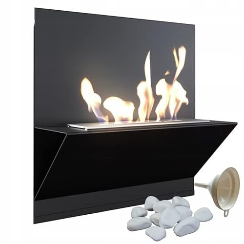 KRATKI Besta Indoor Bioethanol Kamin + Kieselsteine + Einfülltrichter | Wandmontierter Biosafe-Behälter 0,25 l, TÜV-zertifiziert, pulverbeschichteter Stahl, schwarz, 45 x 45 cm