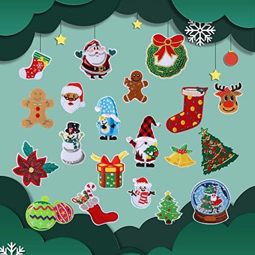 20 Stück Weihnachten bestickte Applikationen, Weihnachten Aufnäher Bestickte Aufbügeln Patches Weihnachten Bestickte Flicken Patches für Weihnachten, Festival, Party, Stoff, Hut, DIY Dekoration