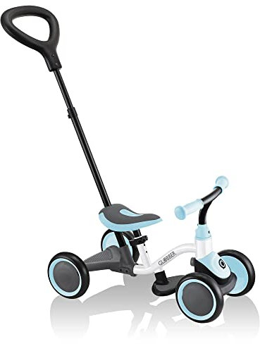 GLOBBER – LEARNING BIKE 3IN1, 3-in-1 Laufrad für Kinder zwischen 12 und 36 Monaten mit verstellbarem Sattel und Schubstange, belastbar bis 20kg. Umbaubar von 4- auf 3-Räder, Farbe: Pastellblau