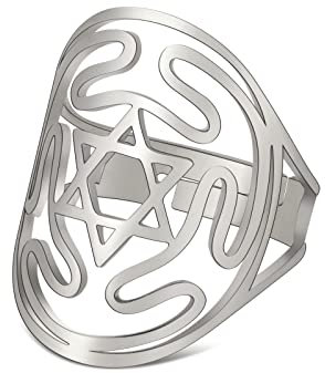 kkjoy Davidstern-Ring aus Edelstahl, durchbrochener Sechs-Krümmer mit Stern, verstellbar, offene Fingerringe, Modeschmuck Geschenk für Damen und Herren