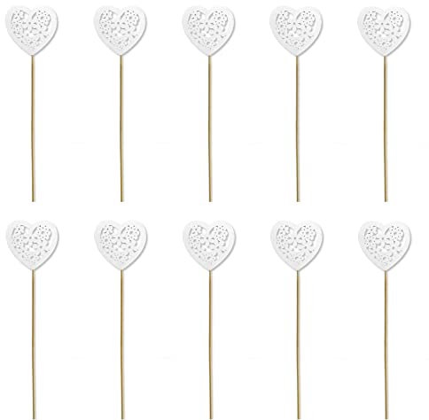 DARO DEKO Holz Blumen-Stecker Herz mit Blümchen weiß 10 Stück 7 x 35cm Dekostecker Blumenstab Herzstab Holzstecker
