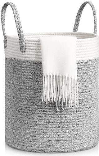 Tesmien Laundry Basket, Toy Storage Basket for Kids Baby, Large Foldable Woven Storage Baskets Cotton Rope Blanket Baskets with Handle,Organiser Nursery Decor Laundry Hamper, Grey+White (35x40cm)