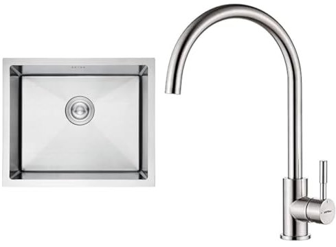 Ibergrif M85043 Fregadero Cocina 50 x 43 cm, Fregadero Bajo Encimera o Sobre Encimera & GRIFEMA Irismart G4008 Grifo de Cocina Alto con Caño Giratorio, Mezclador de Fregadero