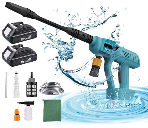Akku-Hochdruckreiniger, Ersetzen für Makita 18V Akku BL180, mit 2 x 3000mAh Akku und Ladegerät, Sechs Zubehör,zum Waschen von Fahrrad, Garden und Flächenreiniger
