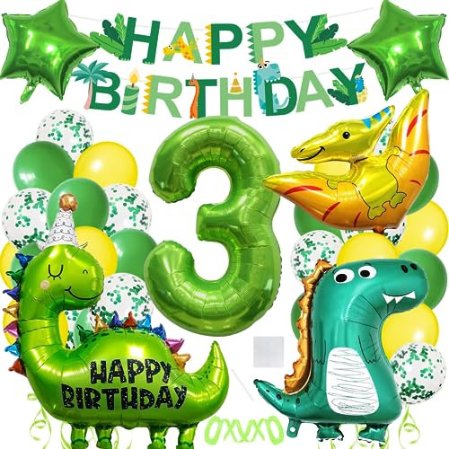 Dino Geburtstag Deko 3 Jahre, Geburtstagsdeko Jungen 3 Jahre, Dino Deko Kindergeburtstag, Dino Folienballon 3 für Dino Party Kindergeburtstag Deko Geburtstag Junge