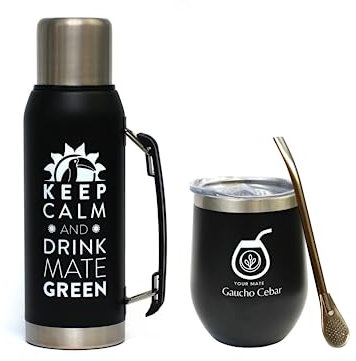 GAUCHO CEBAR Accessories for Yerba Mate Tee Set | Termo Vacuum Flask Acero Inoxidable 1L Negro y Acero Mate Taza de té 350 ml | Pajita Bombilla Liza 19 cm, apta para lavavajillas y duradera