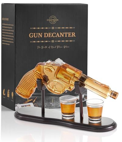 CRAFTGEN Geschenke für Männer Dad Revolver Gun Whiskey Dekanter Set 300ml mit 2 Bullet Glasses - Military Veteran Geschenke, Pistole Likörspender für Bourbon, Alkohol, Tequila, Scotch