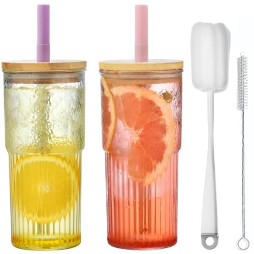 Alink 22 oz Glass Tumbler Cup with Bamboo Lid and Straw,Mason Jar Drinking Glasses, Bubble Tea Cup, Wide Mouth Glass Bottle for Smoothie, Iced Coffee, Juice, Water (Pink/Purple)